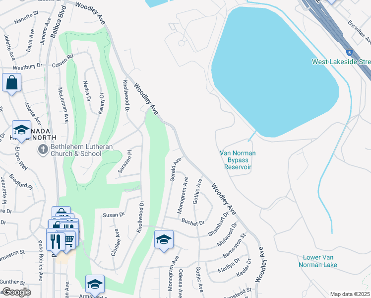 map of restaurants, bars, coffee shops, grocery stores, and more near 12278 Woodley Avenue in Los Angeles