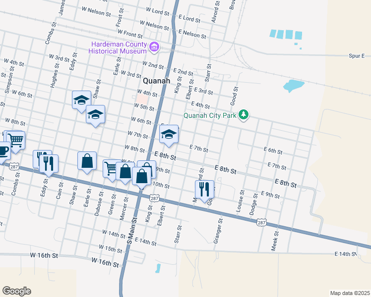 map of restaurants, bars, coffee shops, grocery stores, and more near 306 East 7th Street in Quanah