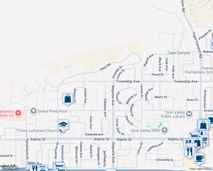 map of restaurants, bars, coffee shops, grocery stores, and more near 3307 Jade Court in Simi Valley