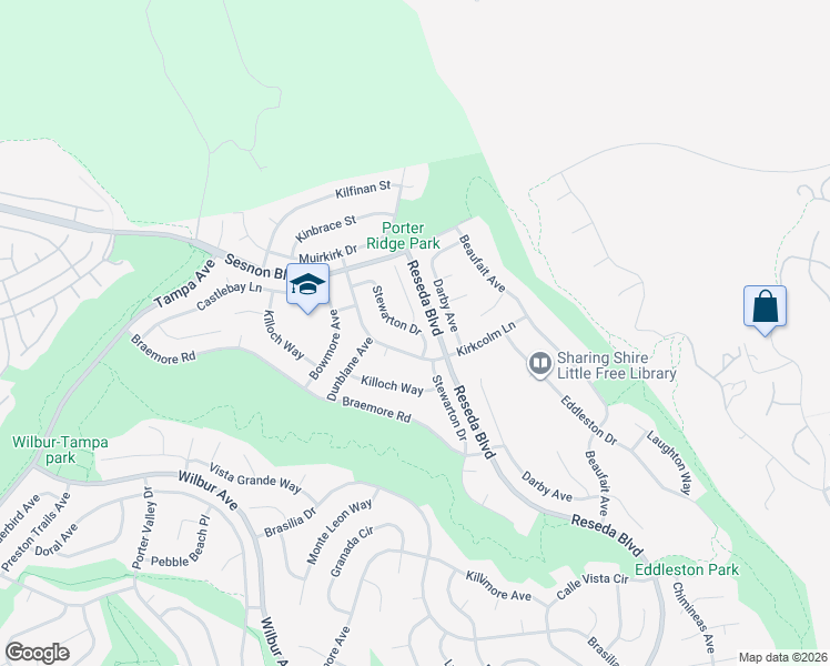 map of restaurants, bars, coffee shops, grocery stores, and more near 12138 Stewarton Drive in Los Angeles