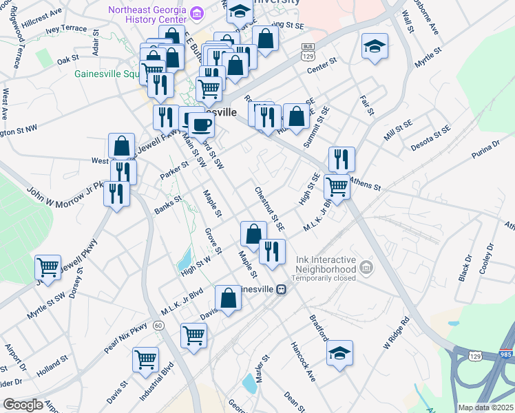 map of restaurants, bars, coffee shops, grocery stores, and more near 110 Summit Street Southeast in Gainesville