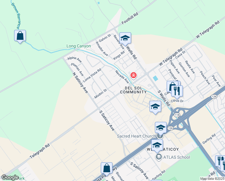 map of restaurants, bars, coffee shops, grocery stores, and more near 10667 Orange Circle in Ventura