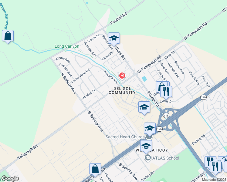 map of restaurants, bars, coffee shops, grocery stores, and more near 19 Modoc Court in Ventura