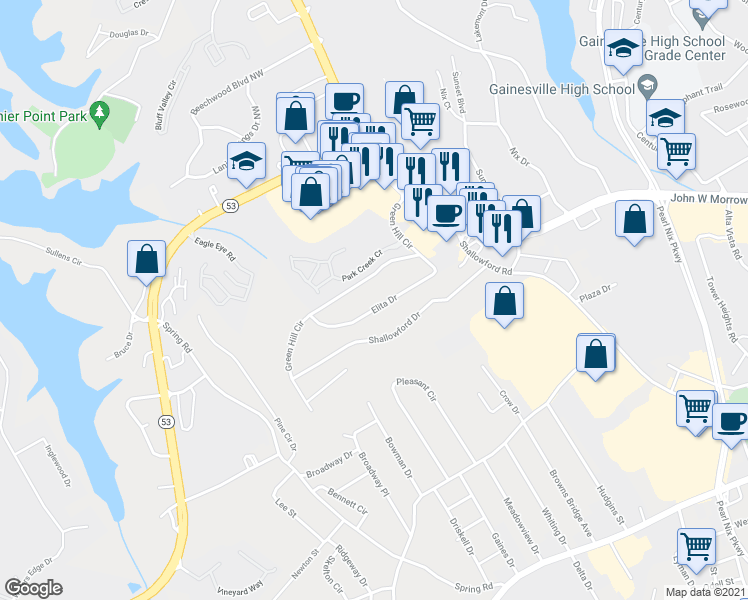 map of restaurants, bars, coffee shops, grocery stores, and more near 16 Elita Drive in Gainesville