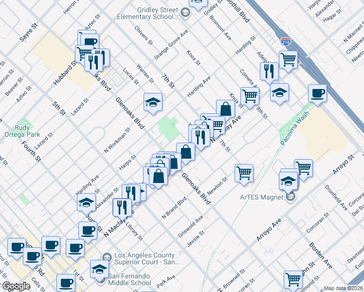 map of restaurants, bars, coffee shops, grocery stores, and more near 856 North Hagar Street in San Fernando