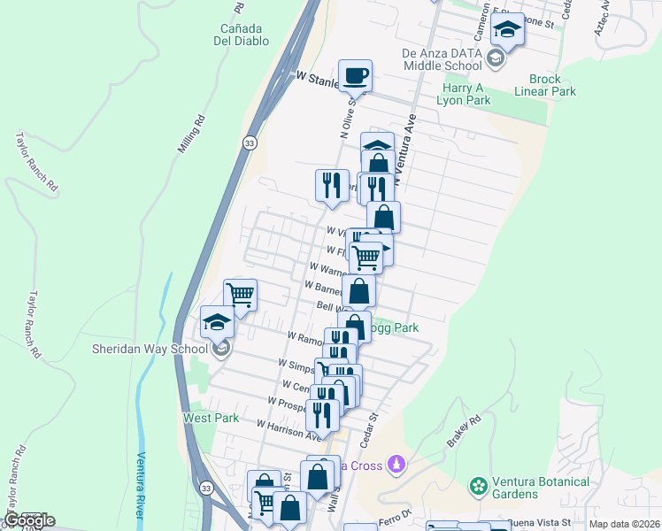 map of restaurants, bars, coffee shops, grocery stores, and more near 127 West Warner Street in Ventura