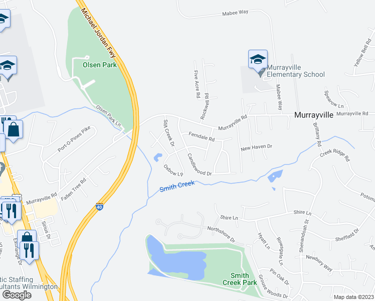 map of restaurants, bars, coffee shops, grocery stores, and more near 201 Candlewood Drive in Wilmington