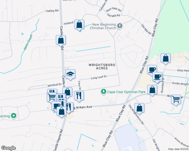 map of restaurants, bars, coffee shops, grocery stores, and more near 125 Long Leaf Drive in Castle Hayne