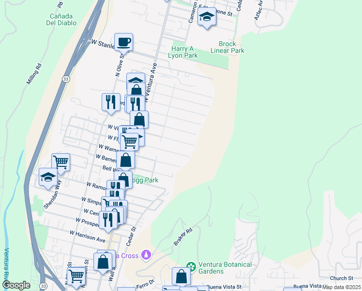 map of restaurants, bars, coffee shops, grocery stores, and more near 247 El Medio Street in Ventura