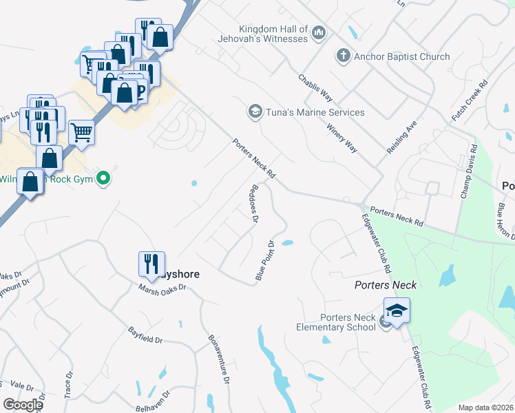 map of restaurants, bars, coffee shops, grocery stores, and more near 8206 Beddoes Drive in Wilmington