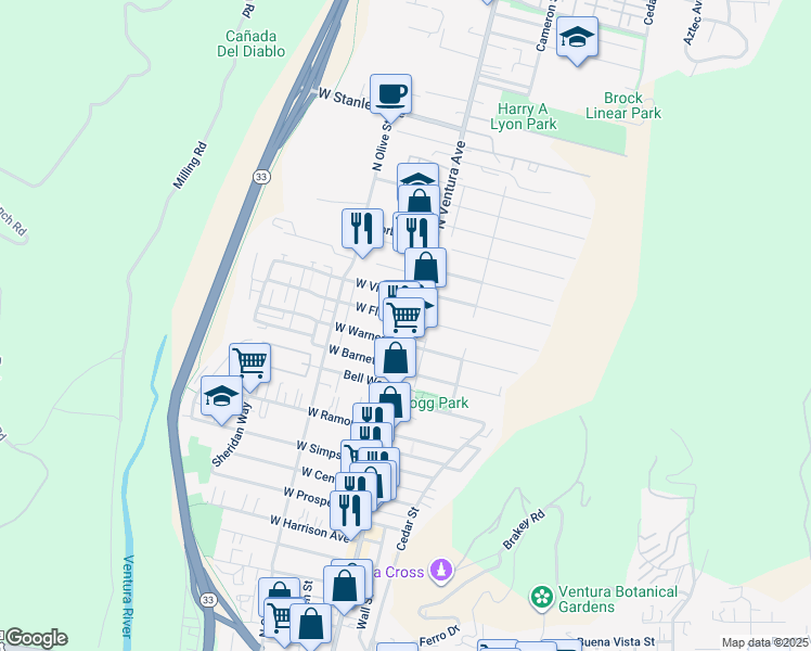 map of restaurants, bars, coffee shops, grocery stores, and more near 32 West Flint Street in Ventura