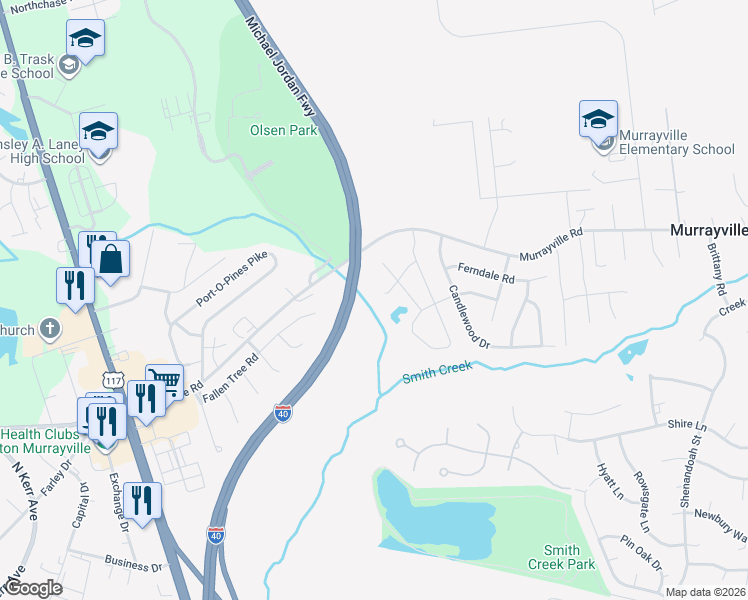 map of restaurants, bars, coffee shops, grocery stores, and more near 6108 Murrayville Road in Wilmington