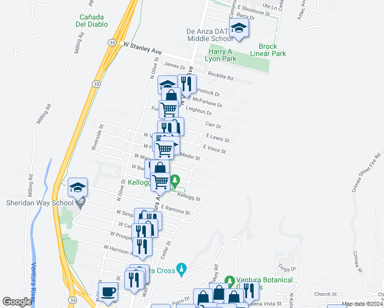 map of restaurants, bars, coffee shops, grocery stores, and more near 121 El Medio Street in Ventura