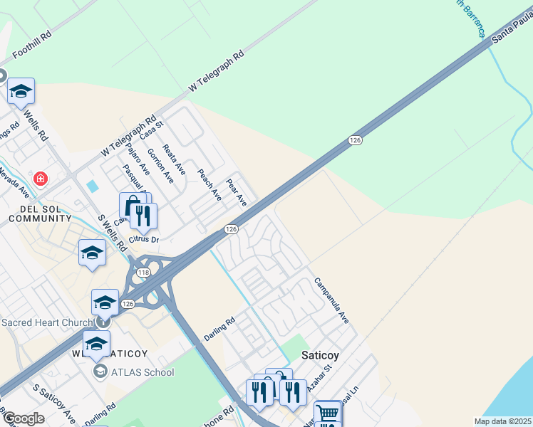 map of restaurants, bars, coffee shops, grocery stores, and more near 57 Lilac Way in Ventura