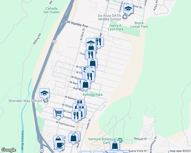 map of restaurants, bars, coffee shops, grocery stores, and more near 63 El Medio Street in Ventura