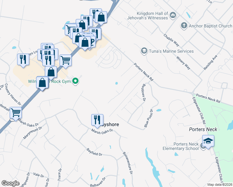 map of restaurants, bars, coffee shops, grocery stores, and more near 8121 Porters Crossing Way in Wilmington