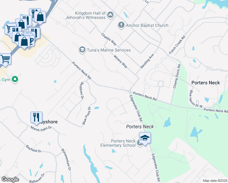 map of restaurants, bars, coffee shops, grocery stores, and more near 802 Porters Neck Road in Wilmington