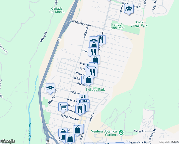 map of restaurants, bars, coffee shops, grocery stores, and more near 32 West Flint Street in Ventura