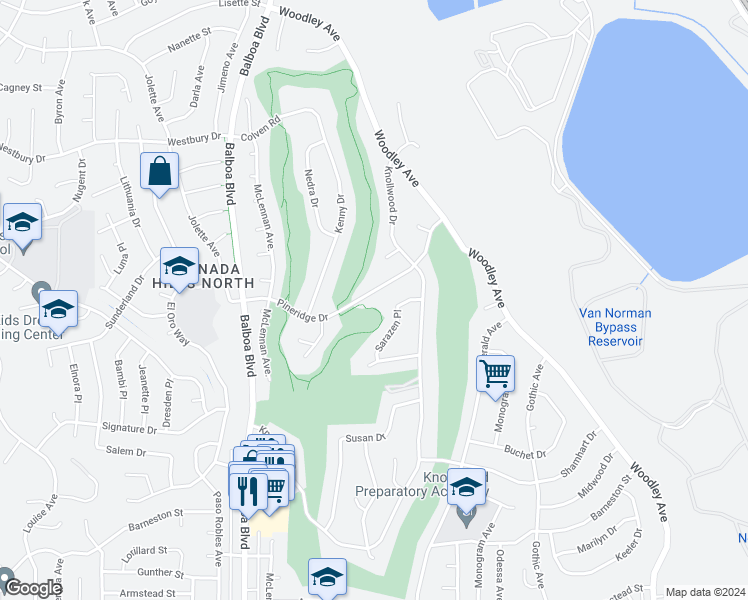 map of restaurants, bars, coffee shops, grocery stores, and more near 16734 Pineridge Drive in Los Angeles