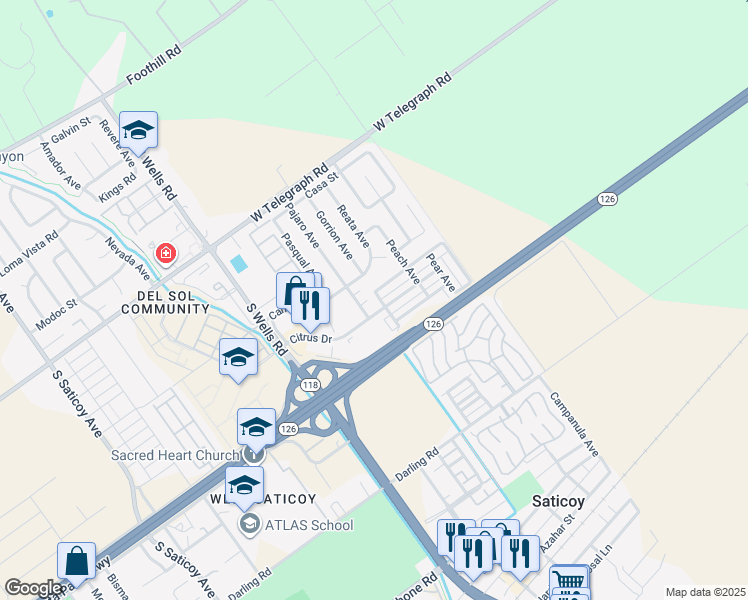 map of restaurants, bars, coffee shops, grocery stores, and more near 375 Myrtle Avenue in Ventura