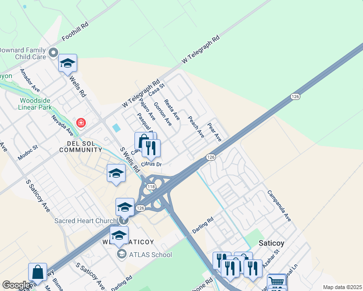 map of restaurants, bars, coffee shops, grocery stores, and more near 375 Myrtle Avenue in Ventura