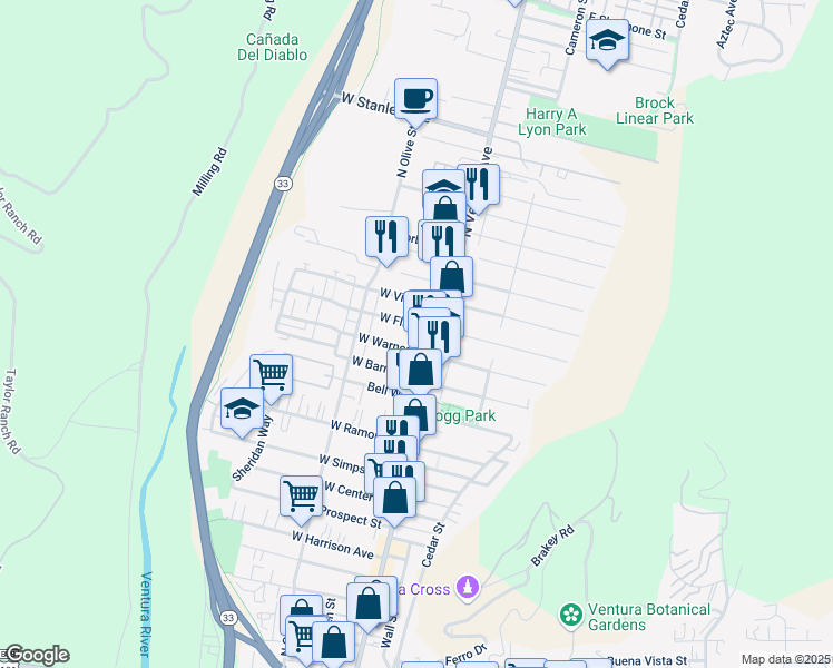 map of restaurants, bars, coffee shops, grocery stores, and more near 32 West Flint Street in Ventura
