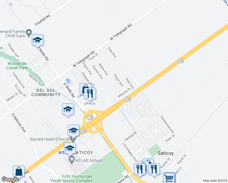 map of restaurants, bars, coffee shops, grocery stores, and more near 11265 Citrus Drive in Ventura