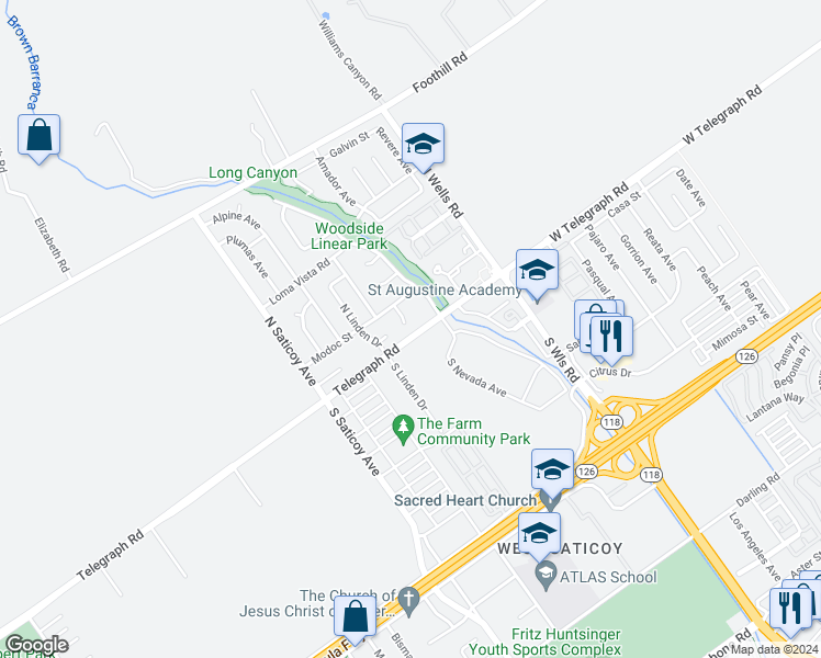 map of restaurants, bars, coffee shops, grocery stores, and more near 19 Modoc Court in Ventura