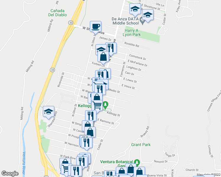 map of restaurants, bars, coffee shops, grocery stores, and more near 81 El Medio Street in Ventura