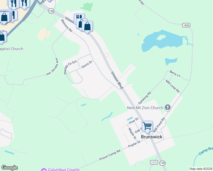 map of restaurants, bars, coffee shops, grocery stores, and more near 64 Twin Pines Road in Whiteville