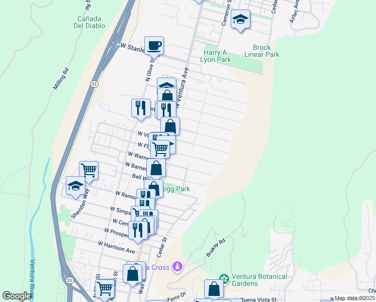 map of restaurants, bars, coffee shops, grocery stores, and more near 127 El Medio Street in Ventura