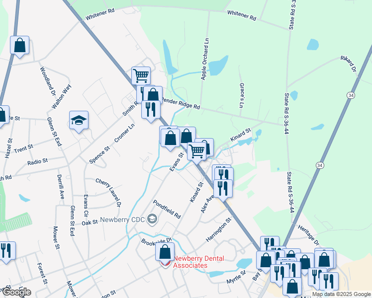 map of restaurants, bars, coffee shops, grocery stores, and more near 1898 U.S. 76 in Newberry