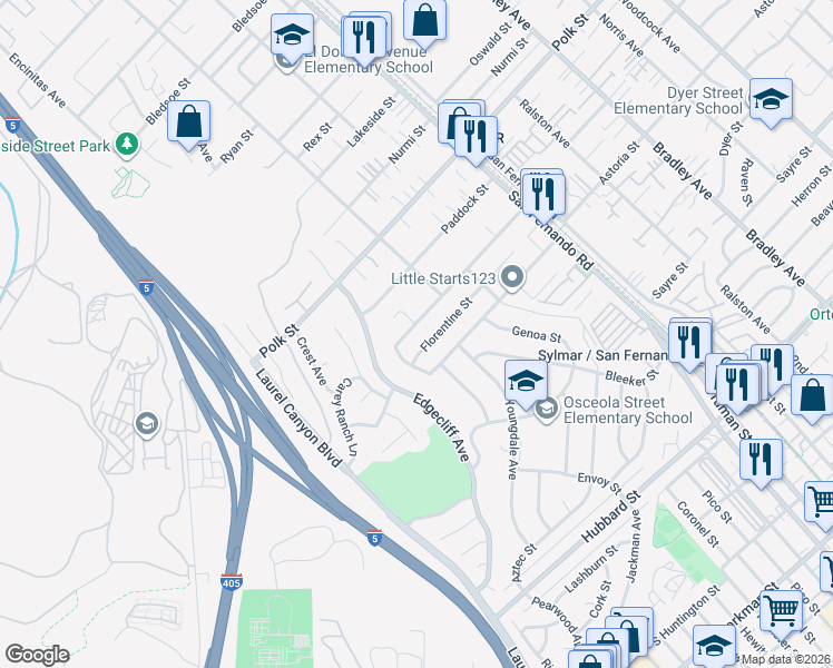 map of restaurants, bars, coffee shops, grocery stores, and more near 15117 Florentine Street in Los Angeles