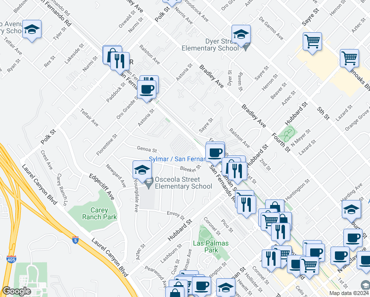 map of restaurants, bars, coffee shops, grocery stores, and more near 2nd Street in Los Angeles
