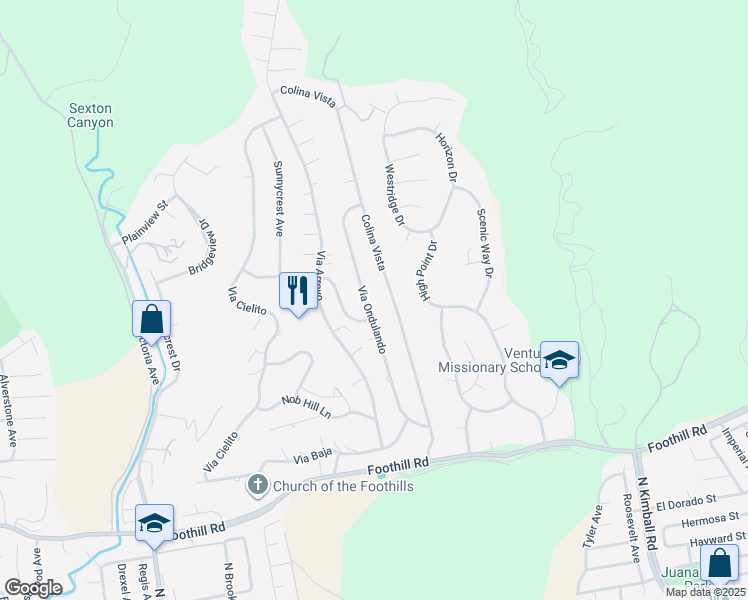 map of restaurants, bars, coffee shops, grocery stores, and more near 890 Via Ondulando in Ventura