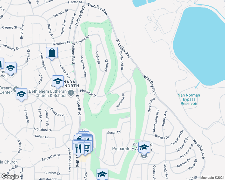map of restaurants, bars, coffee shops, grocery stores, and more near 16734 Pineridge Drive in Los Angeles
