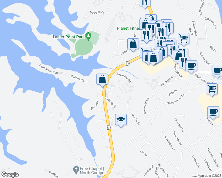 map of restaurants, bars, coffee shops, grocery stores, and more near 2460 Spring Road in Gainesville