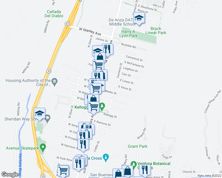 map of restaurants, bars, coffee shops, grocery stores, and more near 119 El Medio Street in Ventura
