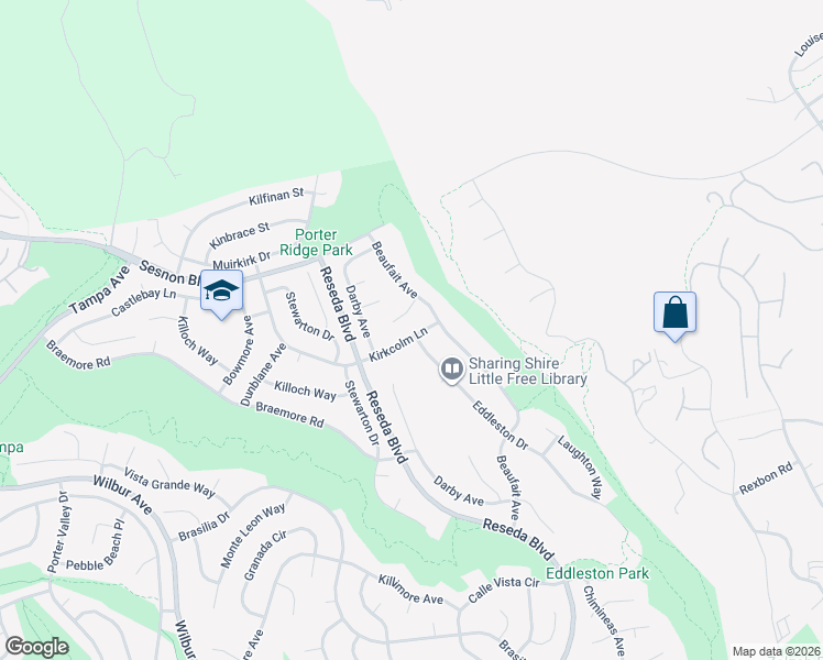 map of restaurants, bars, coffee shops, grocery stores, and more near 18657 Kirkcolm Lane in Los Angeles