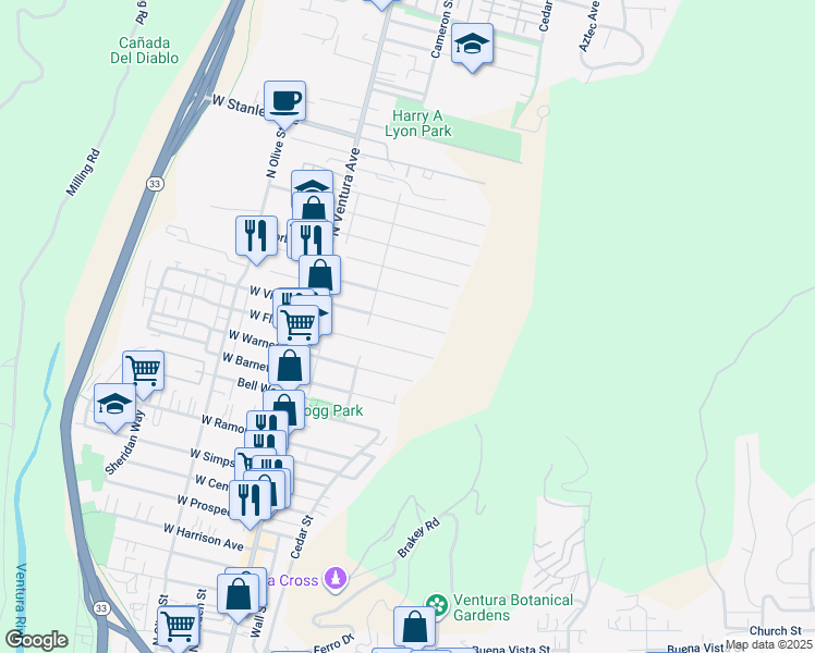 map of restaurants, bars, coffee shops, grocery stores, and more near 246 East Vince Street in Ventura