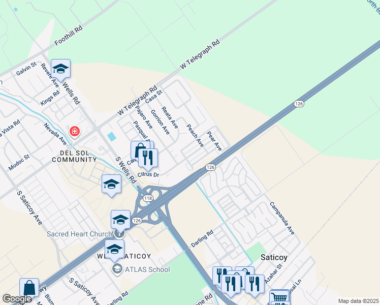 map of restaurants, bars, coffee shops, grocery stores, and more near 11293 Citrus Drive in Ventura