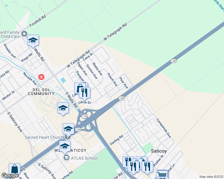 map of restaurants, bars, coffee shops, grocery stores, and more near 11329 Mimosa Street in Santa Paula