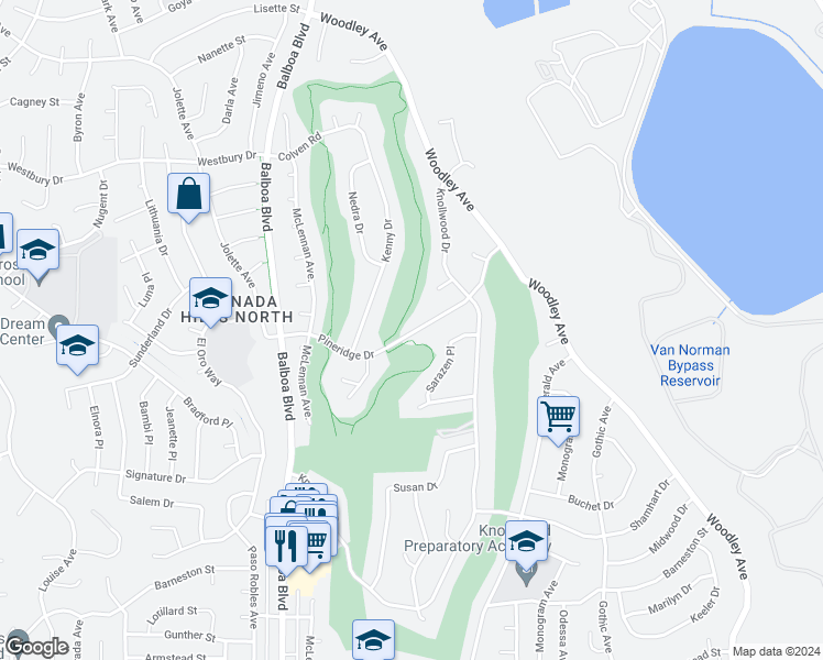 map of restaurants, bars, coffee shops, grocery stores, and more near 16734 Pineridge Drive in Los Angeles