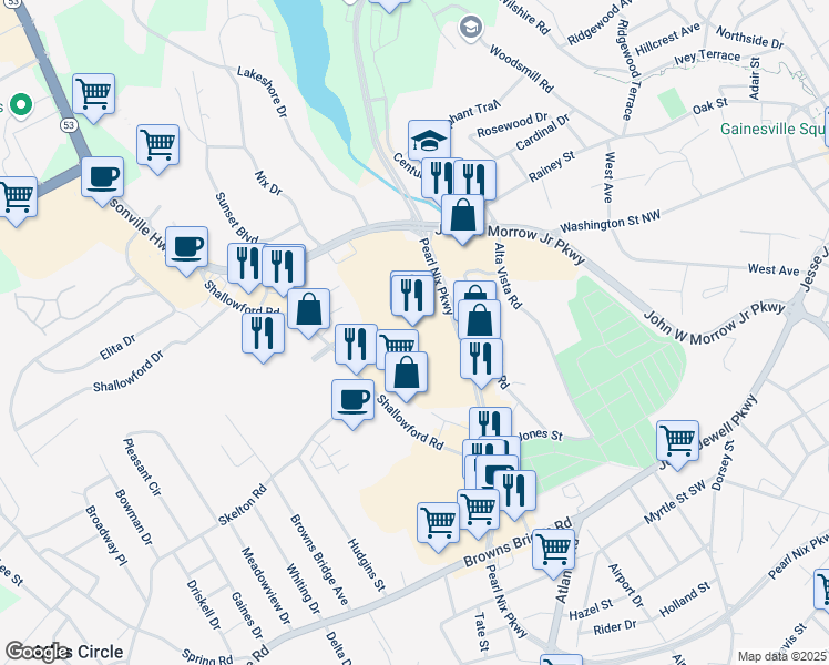 map of restaurants, bars, coffee shops, grocery stores, and more near in Gainesville