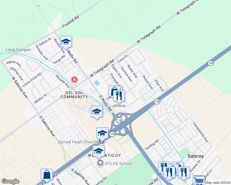 map of restaurants, bars, coffee shops, grocery stores, and more near 11099 Carlos Street in Ventura