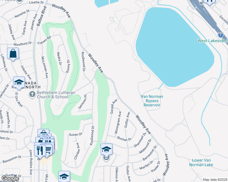 map of restaurants, bars, coffee shops, grocery stores, and more near 12293 Woodley Avenue in Los Angeles