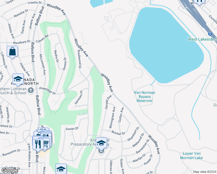 map of restaurants, bars, coffee shops, grocery stores, and more near 12293 Woodley Avenue in Los Angeles