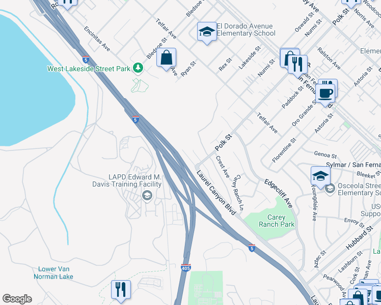 map of restaurants, bars, coffee shops, grocery stores, and more near 12233 Canyon Hill Avenue in Los Angeles