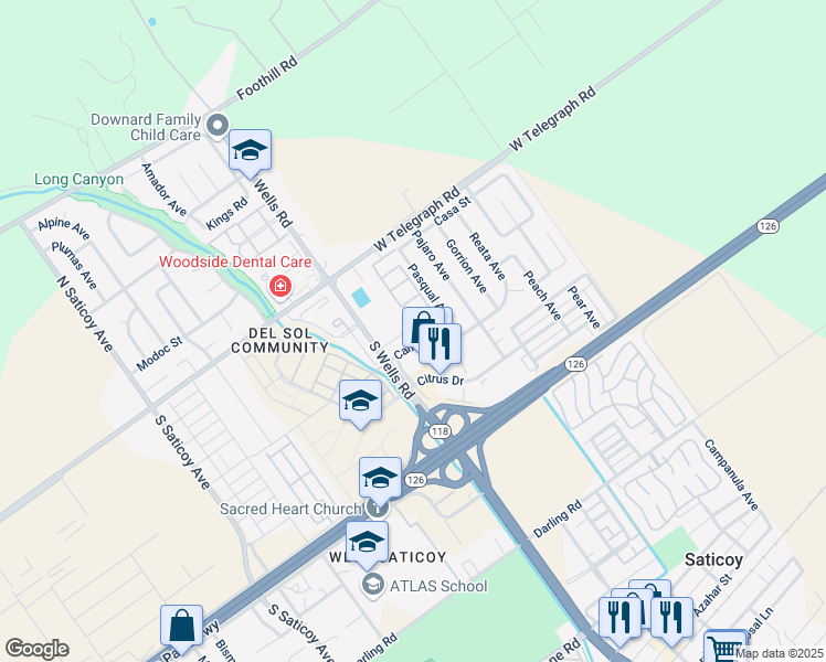 map of restaurants, bars, coffee shops, grocery stores, and more near 92 Stardust Lane in Ventura