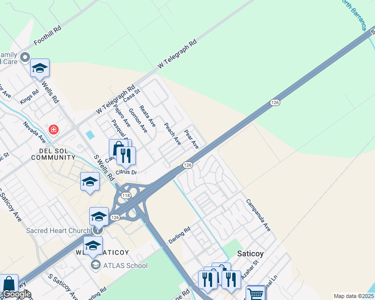 map of restaurants, bars, coffee shops, grocery stores, and more near 481 Pear Avenue in Ventura